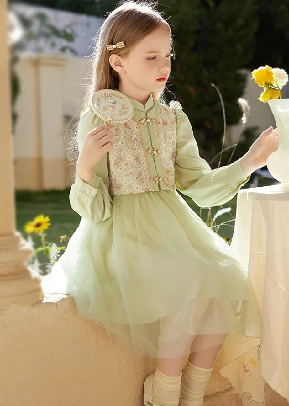 Women's Clothing for Every Season and Trend Chinese Style Green Embroideried Ruffled Tulle Patchwork Girls Mid Dress Fall