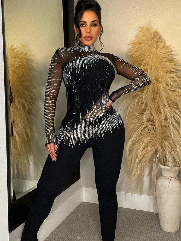 High End Women's Wear Solid Color Rhinestone Long Sleeve Long Pants Jumpsuit