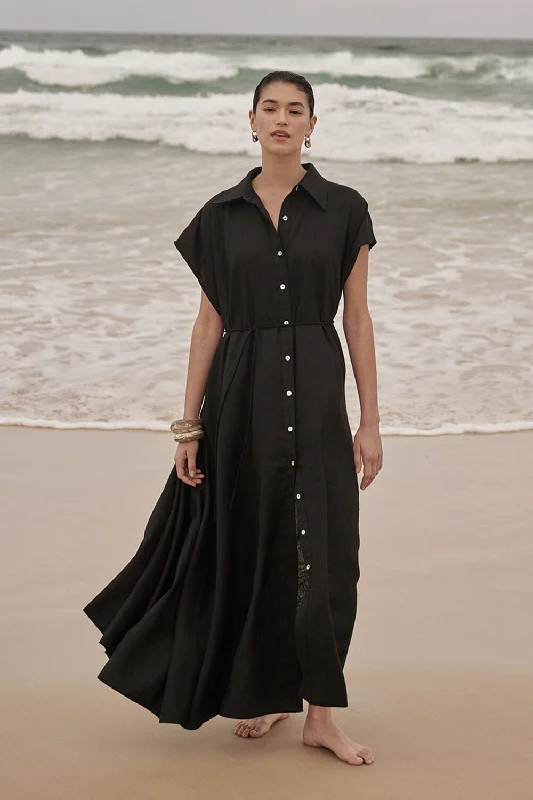 Bold and Elegant Women's Fashion LANA BLACK LINEN MIDI SHIRT DRESS