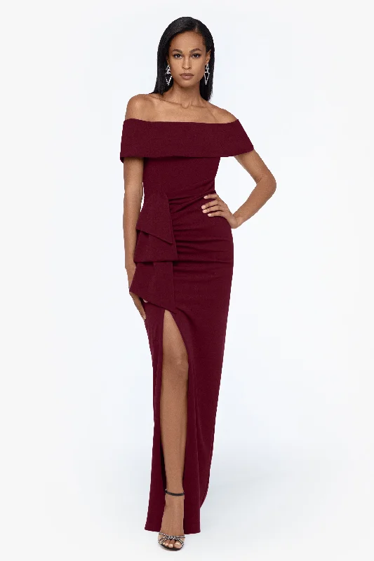 Bold and Elegant Women's Fashion "Camila" Long Off the Shoulder Scuba Crepe Dress