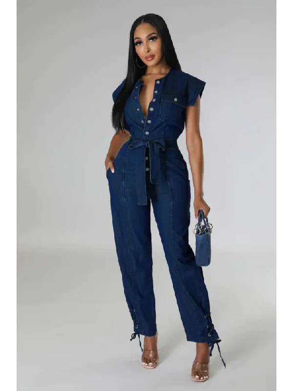 Online Boutique Stores Eyelets Denim Lace Up Sleeveless Jumpsuits