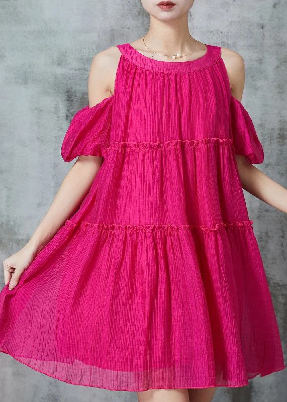 Seasonal Sale Casual Rose Cold Shoulder Ruffled Mid Dress Summer