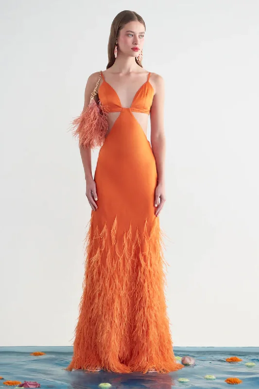 Boutique Styles Lena Satin Cutout Ostrich Feather Maxi Dress