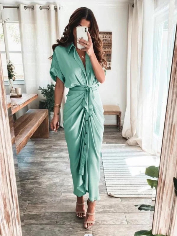 Style Redefined Women's Solid color pleated short sleeve shirt dress