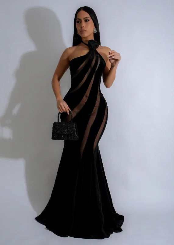 Timeless Elegance Dark Radiance Velvet Floral Mesh Maxi Dress Black