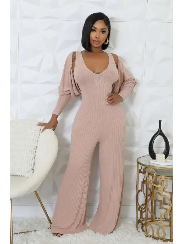 Affordable Women's Fashion Rib Puff Sleeve Shrug V Neck Jumpsuit 2 Piece Sets