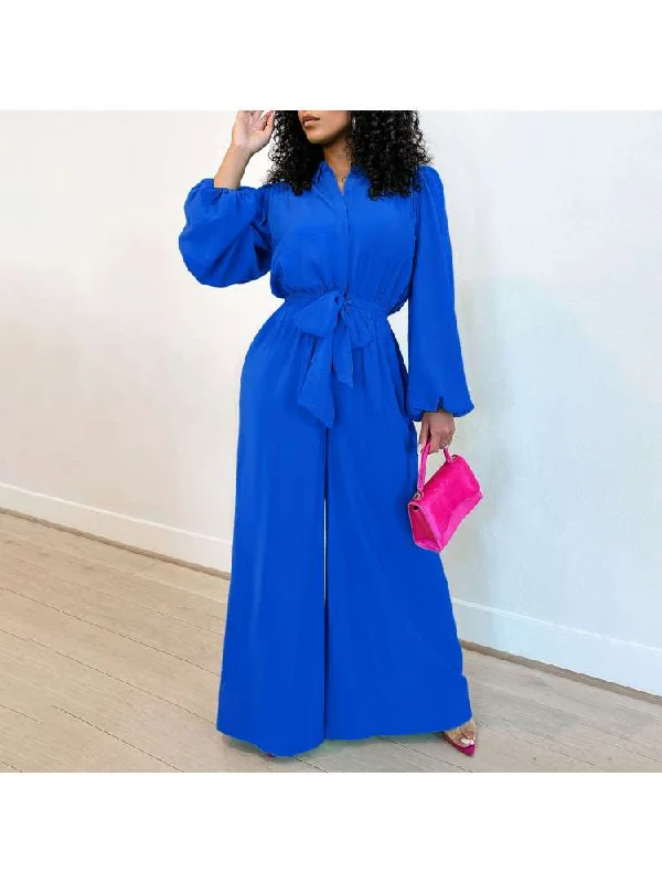 Boho Chic Fashion Plain Lantern Sleeve Wide Leg Jumpsuits