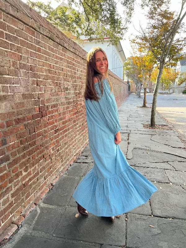 Latest Fashion Cosette One Size Maxi Dress Robins Egg Blue Gingham