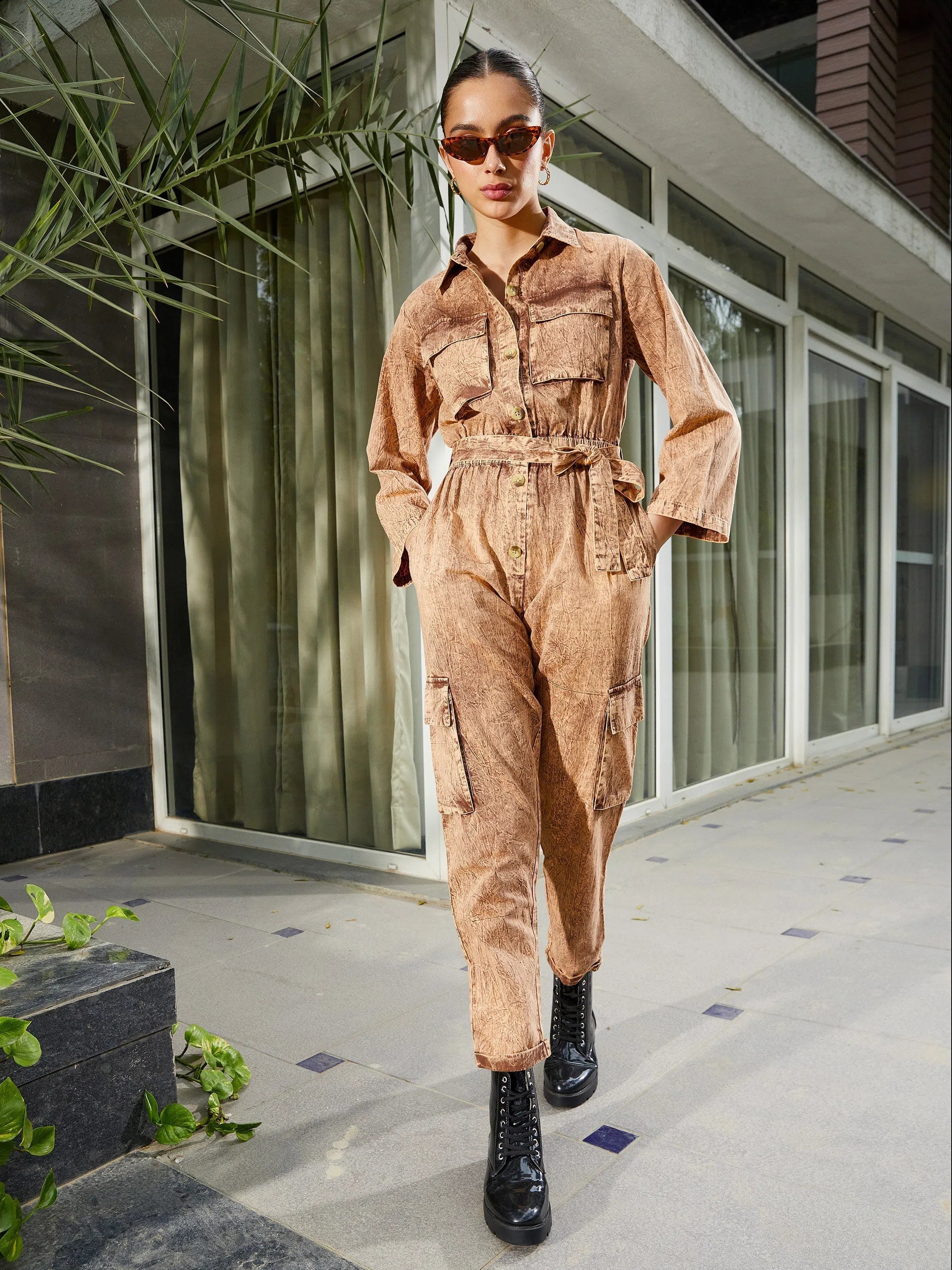 Relaxed Style Women Solid Standard Brown Jumpsuits & Sets