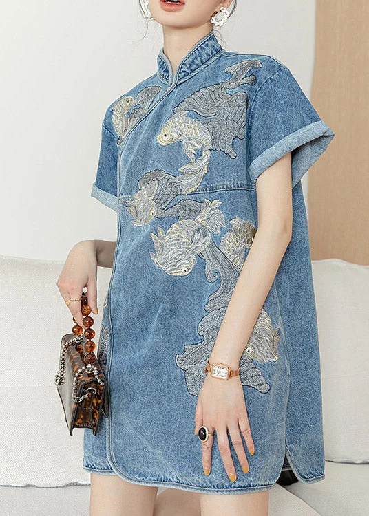 Sale Clothes Online Unique Blue Stand Collar Embroideried Floral Side Open Button Cotton Denim Mid Dress Short Sleeve