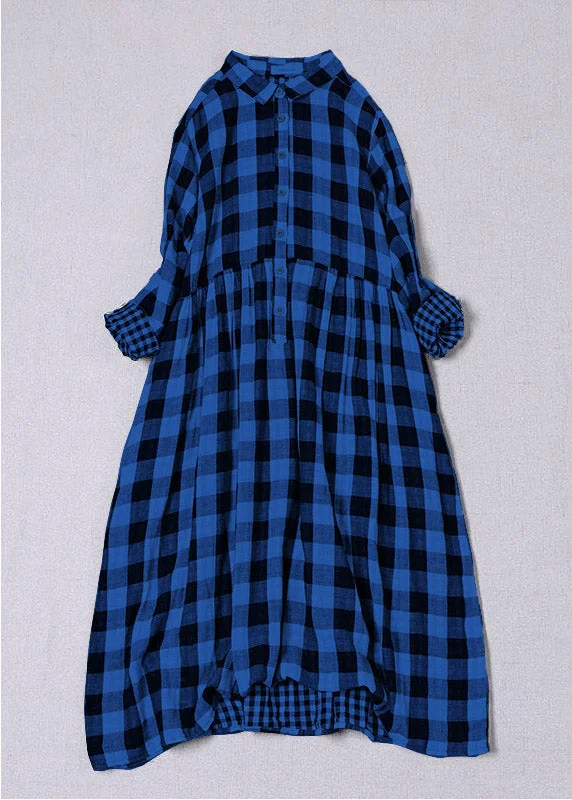 Trendy Outfits For Ladies Bohemian Blue White Plaid PeterPan Collar Pockets Button Fall Patchwork Dresses