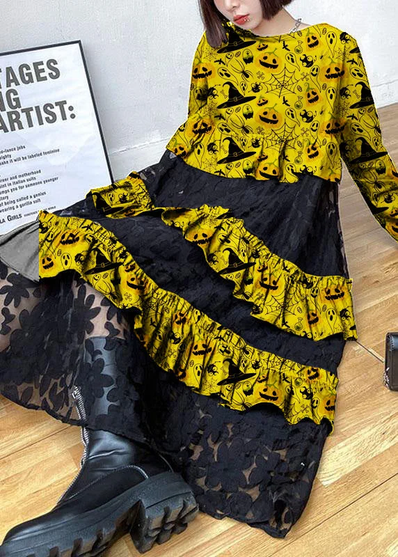 Online Boutique Clothing Bohemian yellow-pumpkin Ruffles  Fall Lace Dresses