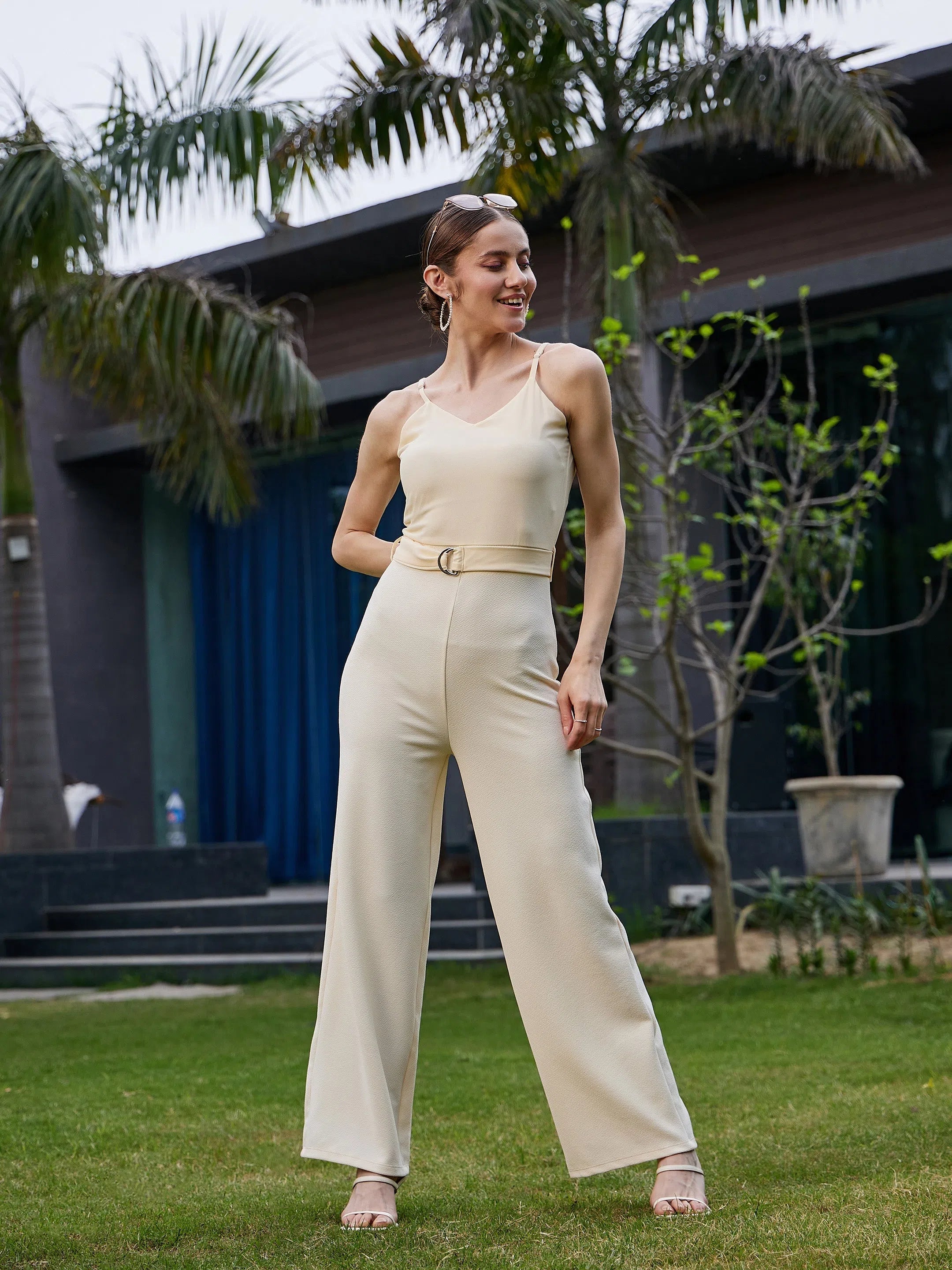 Unleash Your Fashion Women Solid Standard Off White Jumpsuits & Sets