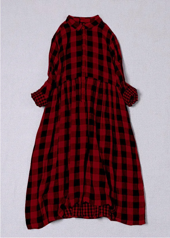 Best Boutiques Online Bohemian Red White Plaid PeterPan Collar Pockets Button Fall Patchwork Dresses