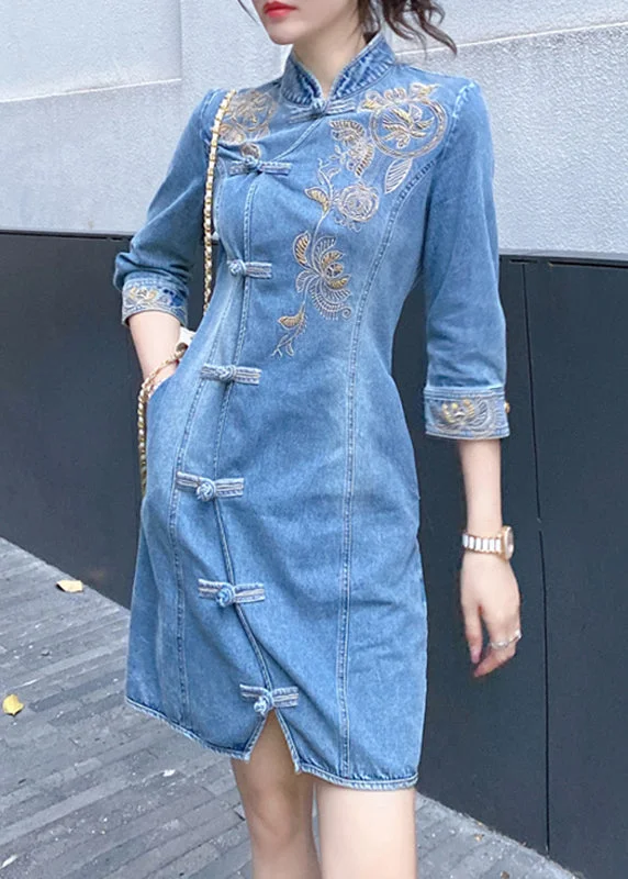 Clothing Store Slim Fit Blue Embroideried Floral Button Denim Mid Dresses Bracelet Sleeve