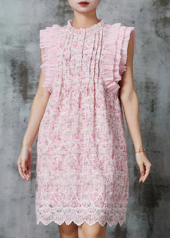 Cutting Edge Fashion Elegant Pink Embroidered Wrinkled Silk Dress Summer