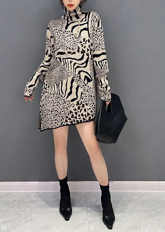 Trend Leading Collection Unique Khaki Turtle Neck Leopard Print Side Open Knit Dress Spring