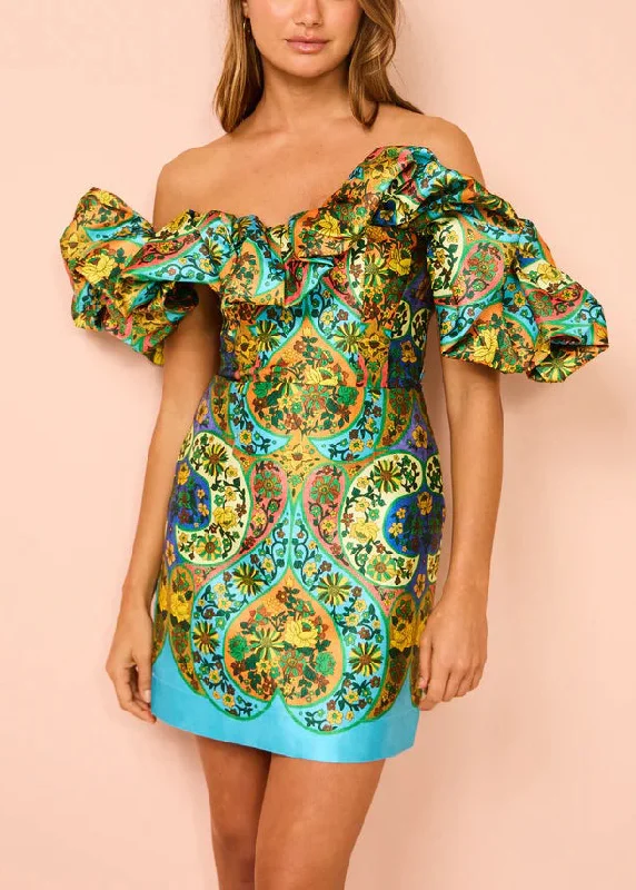 Trendy Urban Attire Art Green Cold Shoulder Print Silk Mid Dress Summer