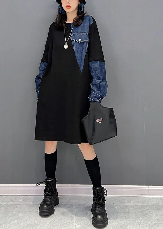 Versatile Wardrobe Essentials Plus Size Black O-Neck Denim Patchwork Cotton Robe Dresses Fall