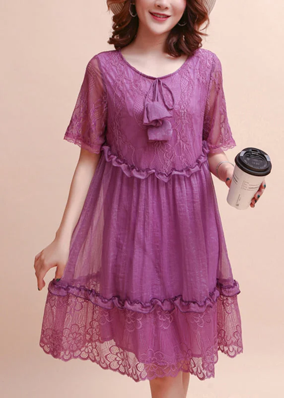 Clothes Women DIY Purple Ruffled Embroidered Silk Dress Summer