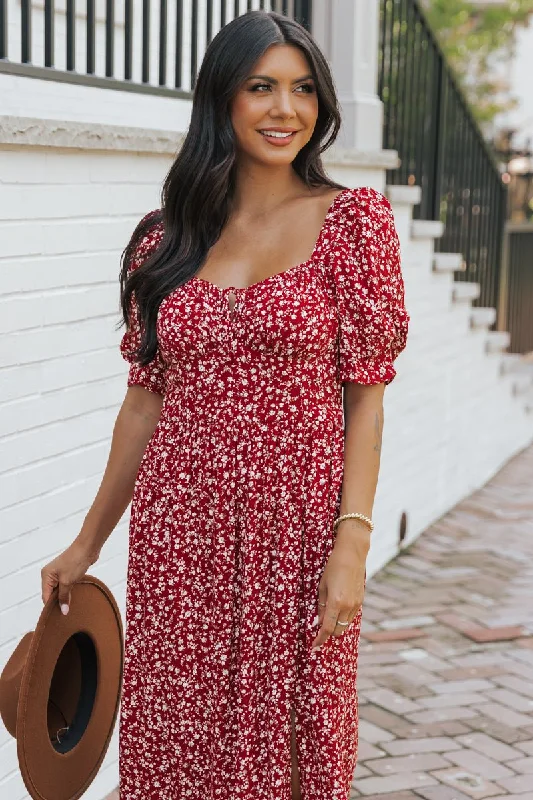 The Epitome Of Modern Women's Fashion Wine Floral Print Smocked Maxi Dress - FINAL SALE