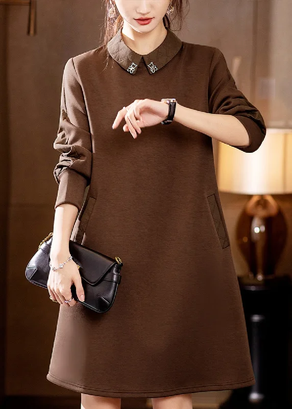 Runway Inspired Wear Beautiful Coffee Peter Pan Collar Pockets Cotton Mid Dress Fall