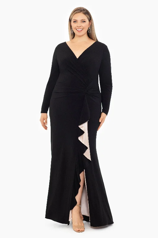 Women's Urban Fashion Plus "Trudy"  Long Sleeve Jersey Knit Contrast Lining Gown