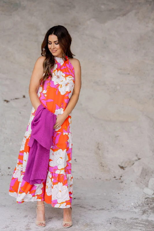 Day To Night Styles Sketched Floral Halter Maxi Dress