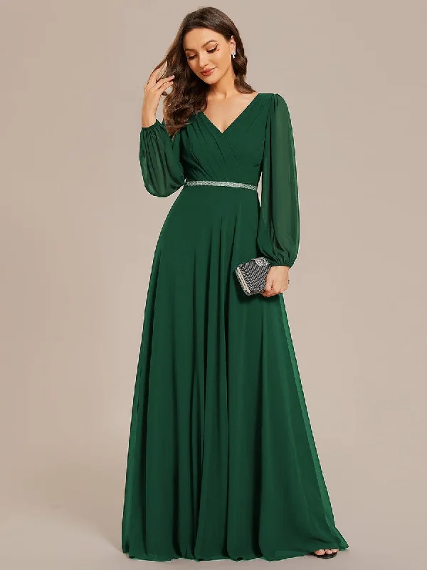 Casual Chic Clara | Pleated Double V-Neck Long Sleeves Shiny Belt Chiffon Evening Dress