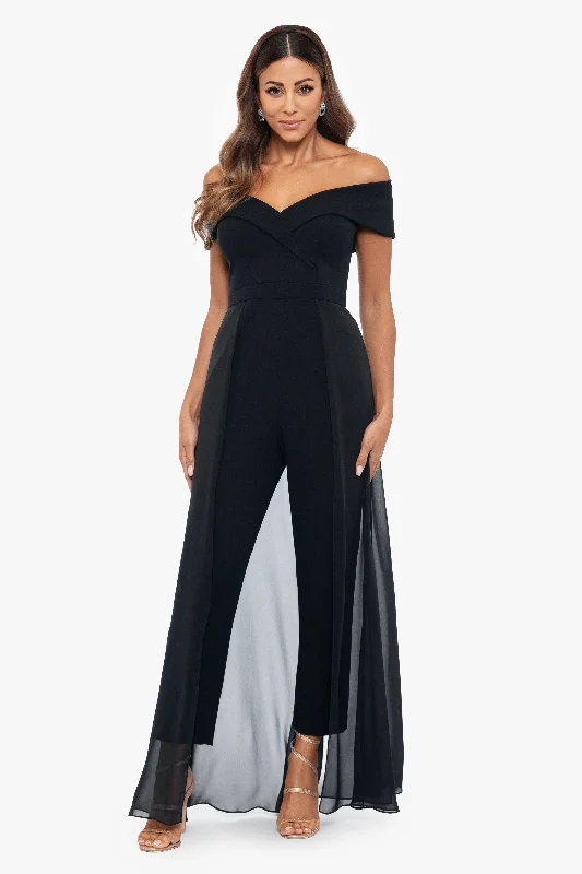 Chic And Trendy "Margot" Off the Shoulder Scuba Crepe and Chiffon Jumpsuit