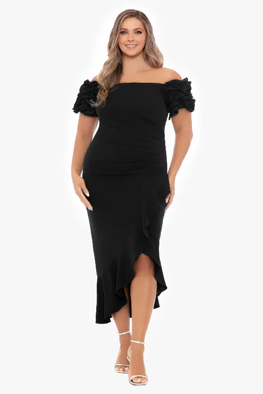 Elegant Styles Plus "Loretta" Scuba Crepe Off the Shoulder Ruffle Sleeve Midi Dress