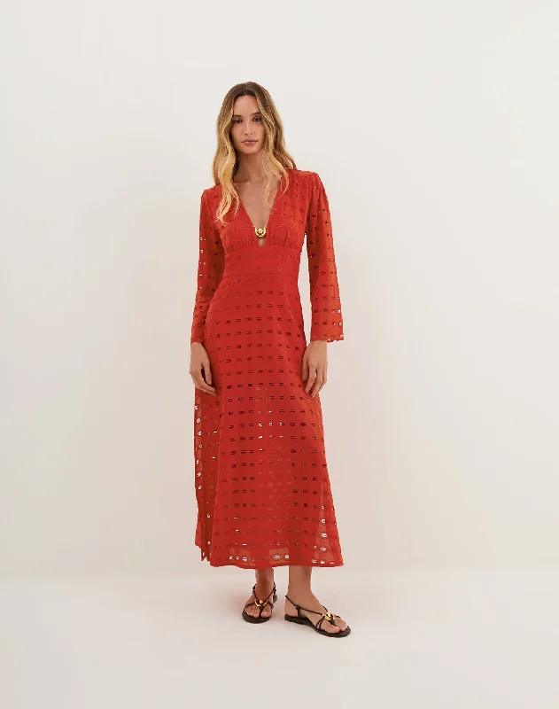 Elevate Your Wardrobe Eyelet Raya Long Dress - Ruby