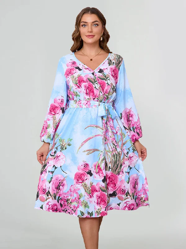 Online Boutiques Plus Blue Floral Print Chiffon V-Neck Long Sleeve Belted A-Line Midi Dress