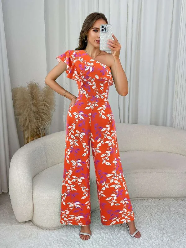 Current Trends Colorblock Frill Sleeve One Shoulder Jumpsuits