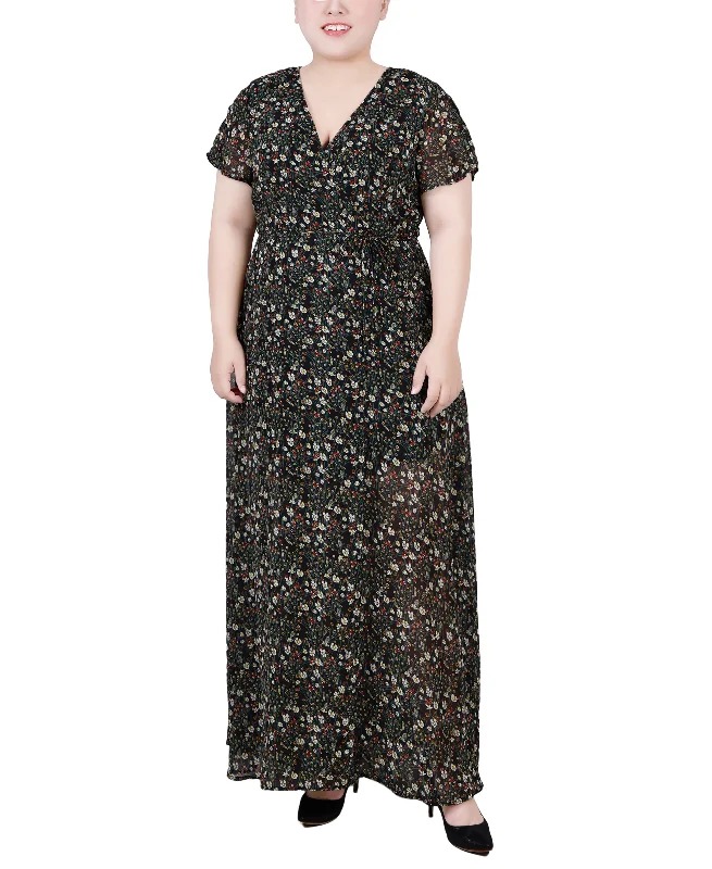 Stylish Women's Clothes for Work and Play Plus Size Short Sleeve Tie Closure Wrap Chiffon Maxi Dress