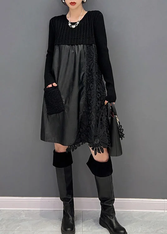 Enjoy Discount Modern Black O-Neck Embroideried Knit Patchwork Faux Leather Mid Dress Winter