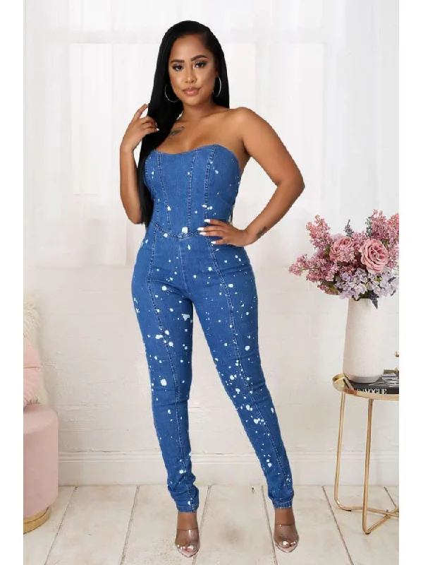 Limited Time Offers Paint Point Denim Strapless Fitted Jumpsuits