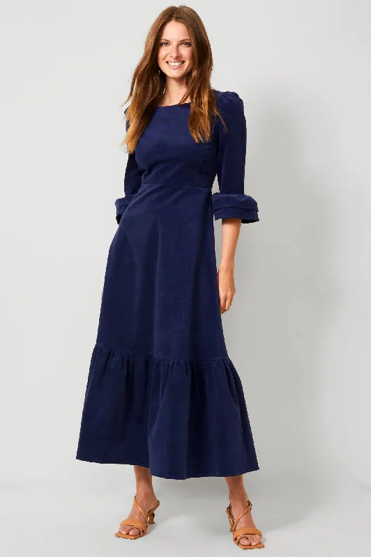 Effortless Chic Apparel Victoria Round Neck 3/4 Sleeve Stretch Corduroy Dress | Atlantic Blue