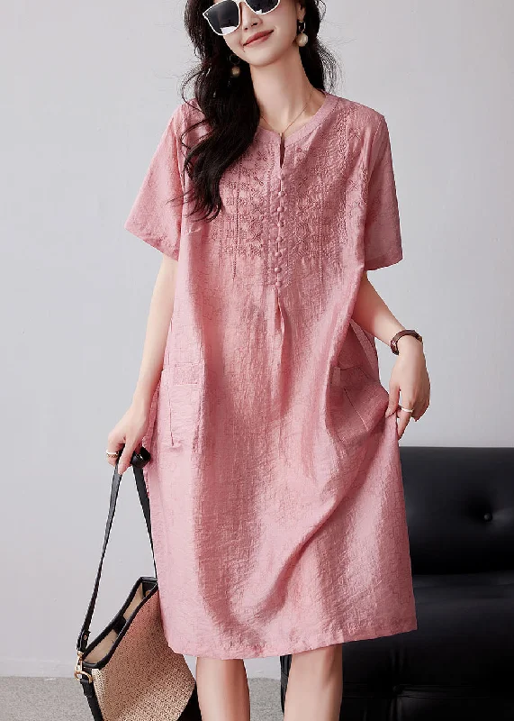 Limited Stock, Big Discounts Women Pink Embroidered Oversized Linen Dresses Summer