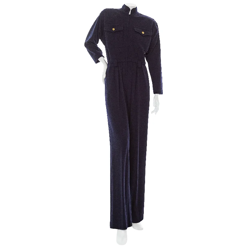 Limited Time Offer 1980s Rive Gauche Navy Blue Wool Long Sleeve Jumpsuit