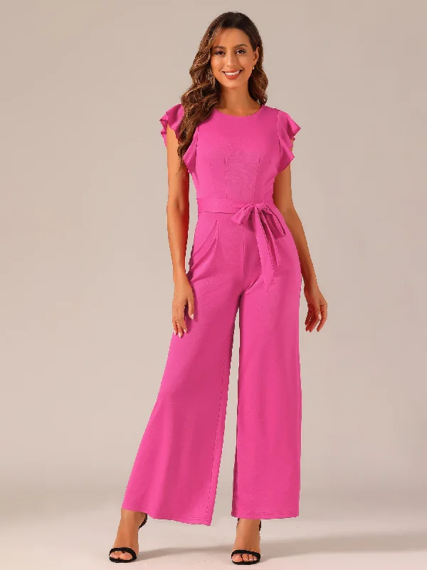 Women's Clothing Online Ruffle Short Sleeves High Waist Wide Legs Belted Jumpsuits