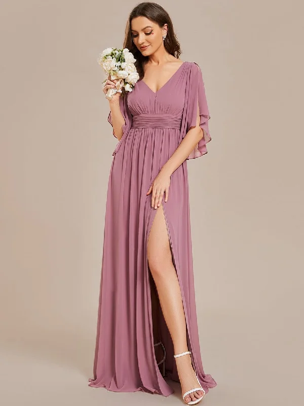 Top 10 Women's Online Clothing Stores Half Sleeve V-Neck Pleated High Slit A-Line Chiffon Bridesmaid Dress