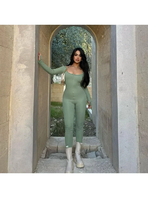 Women's Online Boutique U Neck Long Sleeve High Rise Jumpsuits