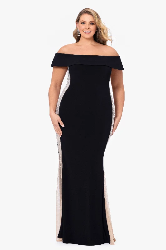 Women's Online Clothing Boutique Plus "Brianna" Off the Shoulder Jersey Knit Caviar Beaded Gown