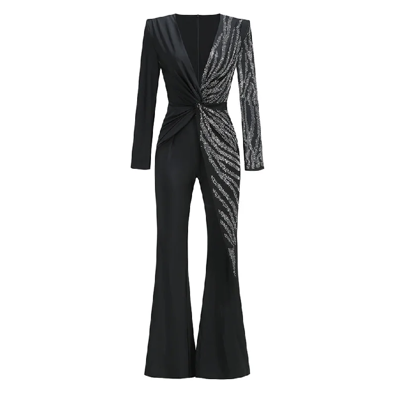 Best Clearance Sales Right Now Luxurious Plunge Long Sleeve Twist Waist Flare Leg Rhinestone Jumpsuits