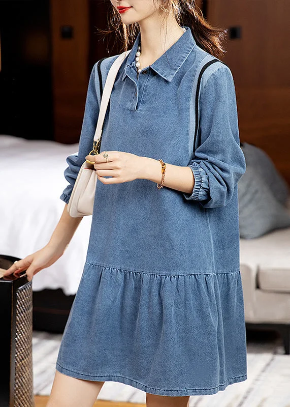 Style Streetwear Loose Blue Peter Pan Collar Patchwork Denim Mid Dress Fall