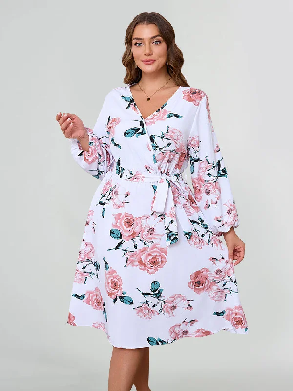 New Arrival Discounts Plus White Floral Print Chiffon V-Neck Long Sleeve Belted A-Line Midi Dress