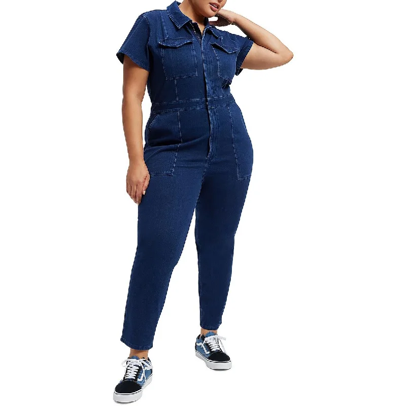 Women's Fashion Hotspots Good American Womens Denim Collar Jumpsuit