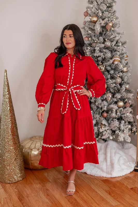 Luxury Women's Clothing Winter Design Red Midi Dress