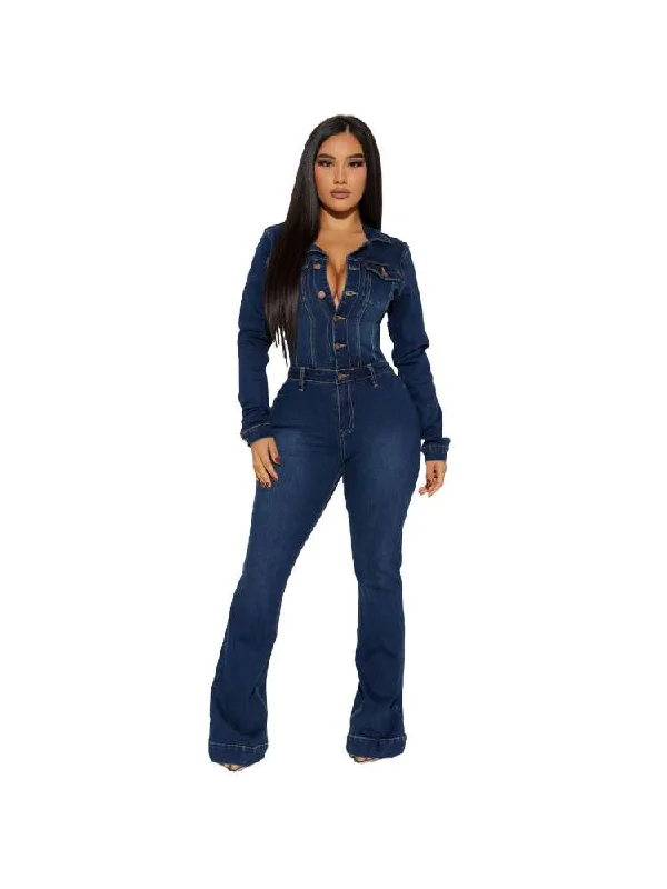 Preppy Style Distressed Lapel Denim Button Up Jumpsuits